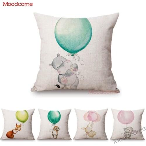 Cute Baby Room Decoration Sofa Throw Pillow Case Woodland Baby Animal Holding Balloon Hippo Elephant Rabbit Linen Cushion Cover