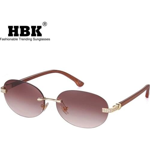 HBK Vintage rimless Sunglasses Men Fashion Oval Sun Glasses for Women Luxury Diamond Alloy Frame Wood Classic Shades Oculos