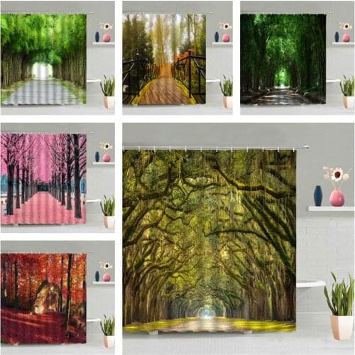 Tree Forest Shower Curtain Green Plant Highway Passageway Flower Road Scenic Bathroom Hanging Curtains Waterproof Screen Decor