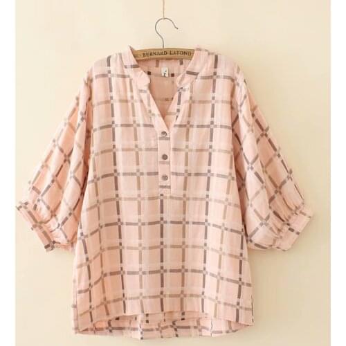 Plus size half sleeve cotton V neck women loose Plaid Tshirts 2020 new summer casual ladies soft t shirts female tops t-shirts