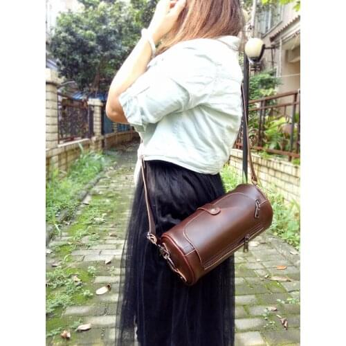 Womens Cylinder Bag Personalized Leather Shoulder Crossbody Bag Vintage Small Bucket Bag