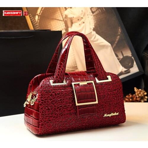 Cowhide leather Women handbag Lace bag crocodile pattern mother bag shoulder messenger middle-aged Portable Boston Bags