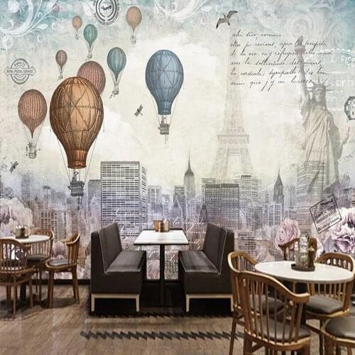 Custom 3D Wallpaper Europran Style Retro Hot Air Balloon Iron Tower Building Photo Wall Murals Restaurant Cafe Background Murals