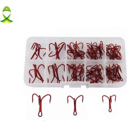 JSM 50pcs 35647 High Carbon Steel Treble Fishing Hooks Red Hard Lure Round Bent Triple Artificial Lure Fishhooks Set With Box