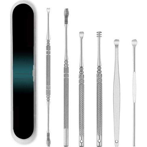 6Pc Stainless Steel Ear Pick Curette Earwax Remover Cleaner Tool Set Case