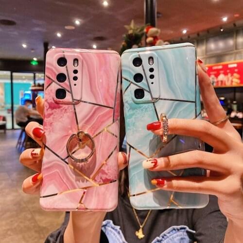 Plating Marble Case For Huawei P40 Nove 7 Pro 7 Se Honor V20 20 Pro Mate 30 Pro P30 P20 Soft IMD Ring Holder Silicone Cover