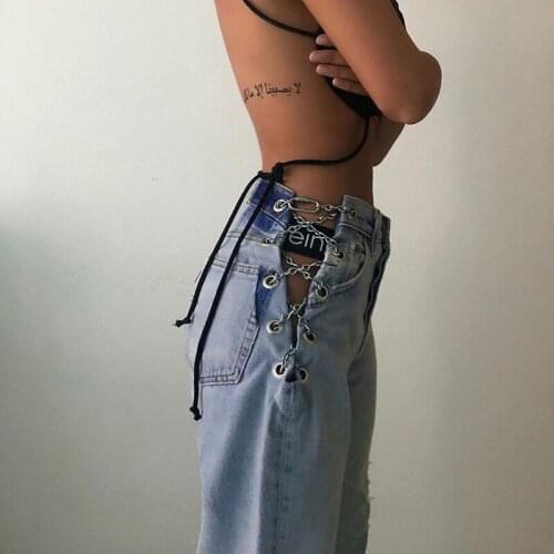 Seasons Side Cross Chain Hollow Out Wide-leg Women Jeans High Waist Pants Sexy Elegant Ladies Europe Fashion Jean Women