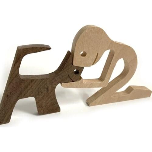 Family Puppy Wooden Dog Craft Figurine Desktop Table Ornament Carving Model Creative Home Office Decoration Lovely Pet sculpture