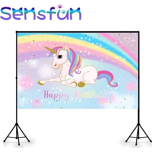 Unicorn Birthday Backdrop Happy Birthday Party Photo Background Decoration Gold Glitter Rainbow Unicorn Girls Birthday Backdrop