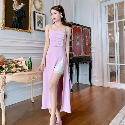 French Style Women Fashion Lace Patchwork Midi Slip Dress Sexy Metal White Pink Corset Split Zipper Female Dresses Vestidos