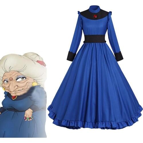 Hayao Miyazaki Spirited Away Yubaba Cosplay Costume Women Blue Dress Adult Vintage Gown Dress Custom Made L321