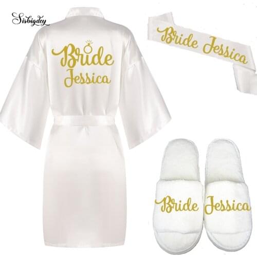 Sisbigdey personalized name bride robes custom texts on slippers sashes glitter foil writing getting ready wedding kimono robes