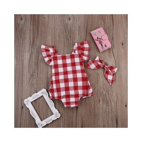 Newborn Kids Baby Girls Red Plaid Ruflles Romper Jumpsuit Clothes + Bowknot Tie Outfit Set 0-18M