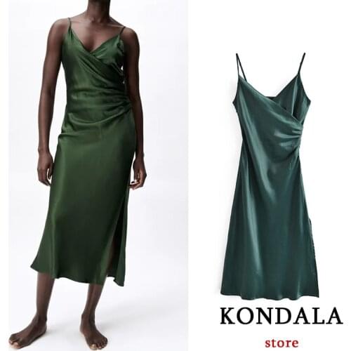 KONDALA Za 2021 Women Chic Green Stain Sexy Midi Dress V Neck Side Split Pleated Cami Dress Summer Elegant Mujer Vestidos