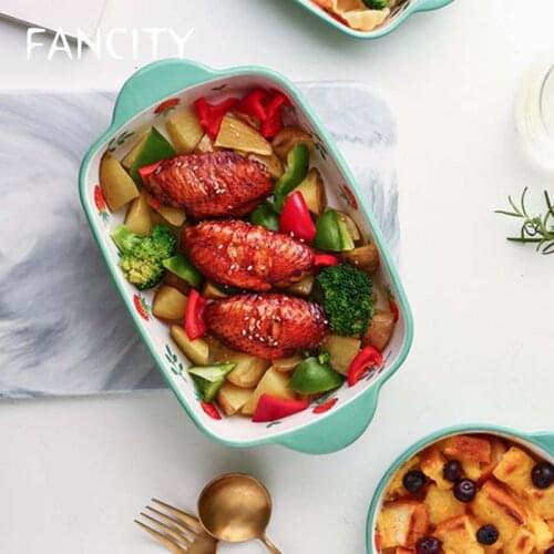 FANCITY Cute strawberry baking pan ceramic household binaural baked rice lasagna baking pan for microwave oven