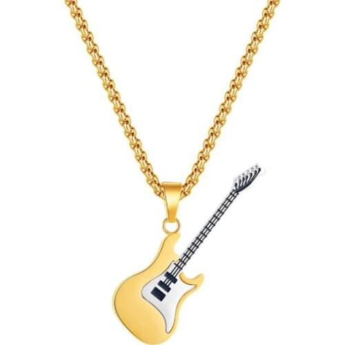 Stainless Steel Gold Music Guitar Men Punk Rock Pendant Necklace Fashion Jewelry Gift For Him with Chain