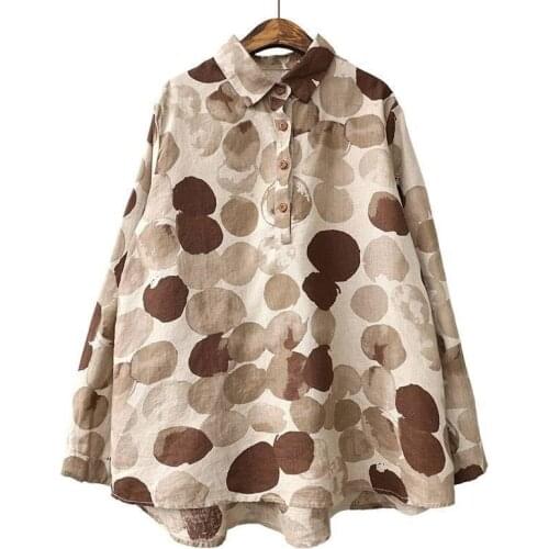 New Spring Women Shirts Plus Size Long Sleeve Cotton Linen Button Casual Shirts Vintage Polka Dot Print Vintage Blouses P11