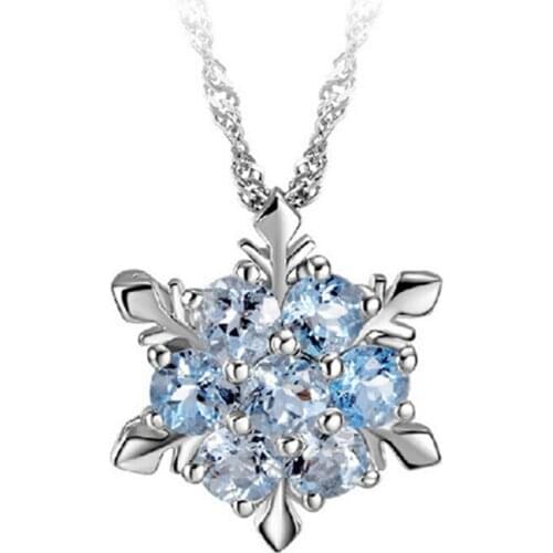 Charm Fashion Lady Blue Crystal Snowflake Zircon Flower Silver Necklaces & Pendants Jewelry For Women Girl Sweater Chain