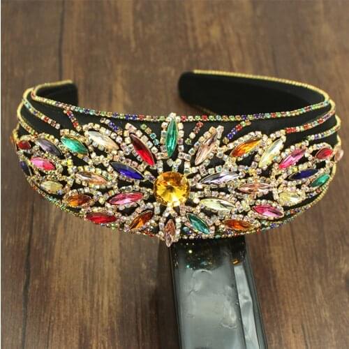 Handmade Baroque Luxury Full Colorful Crystal Flower Padded Headbands Rhinestones Hairbands for Women Sparkly Party Headbands