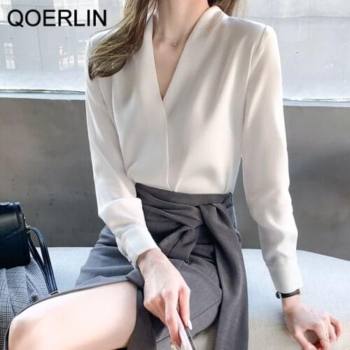 QOERLIN OL V Neck Pullover Blouse Women Long Sleeve Pure White Shirts Plus Elegant Loose Elegant Double Button Cuff Blouse Mujer