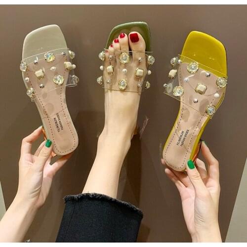 Sandals and slippers womens summer wear 2021 new all-match slippers pearl transparent net red fashion thick heel high heels