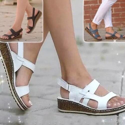 Summer New Women Sandals Mid Heels Wedge Casual Ladies Shoes Solid Hook & Loop Female Shoes Big Size 36-43 Outdoor Beach