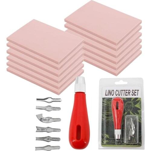 NEW-12Pcs Rubber Carving Blocks Linoleum Block with Cutter Tools Stamp Making Kit Linoleum Cutter with 6 Types Blades