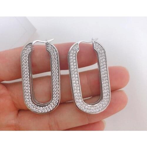 Zircon Stone Blingbling Oval Round Hoop Earring Large U Shape Cuff Earring With S925 Ear Pin For Women Party Jewelry