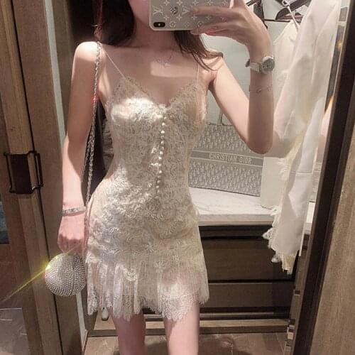 Sexy Temperament Sling Bodycon Dress Women Flower Lace Hollow Out Tassel Dresses 2021 Summer Halter Dresses Vestido Feminino