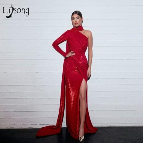 High End Red Sequined One Shoulder Mermaid Prom Dresses Sexy High Side Split Prom Gowns Formal Dress Robe De Soiree