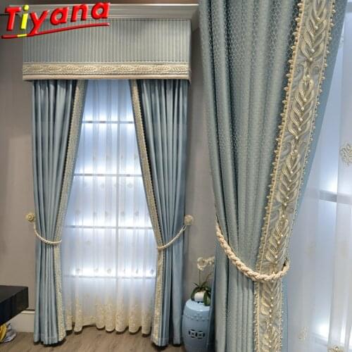 Luxury Blue Curtains for Living Room Modern Geometric Pattern Semi-Shading Solid Color Curtain Cloth for Bedroom #VT