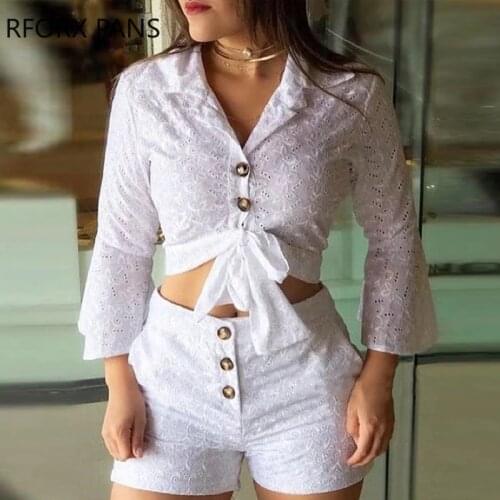 Women Broderie Lace Button-down Blouse & Shorts Sets Casual Women Sets