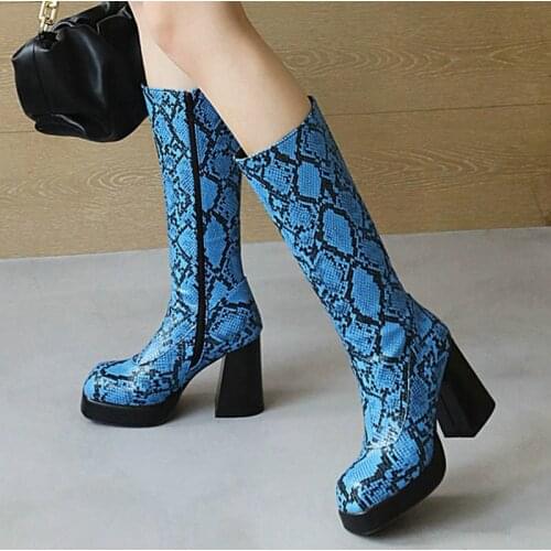 Sexy Artificial Snake Skin Knee High Boots Women Platform Boots Chunky High Heel Long Boots Autumn Winter Zipper Woman Shoes