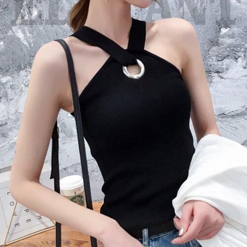 Irregular Halter Sexy Tank Top Women Hollow Out Backless Top Black Camisole Tops Tees Ladies Summer Party Club