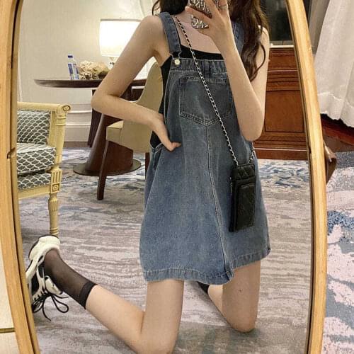 Summer Korean Style Ins Retro High Waist Loose Denim Suspender Skirt Womens All-Match Small Slimming Jumpsuit Skirt Fashion