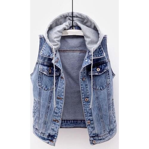 Denim Hooded Vest Women Coat Solid V-Neck Pockets Spring New Style Street Wear Short Slim Female Jacket Outwear Coat Tops