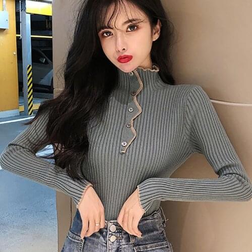 Womens Sweater Knitted Pullovers Half High Collar Long Sleeve Top Women Clothing Autumn Winter Slim Chic Button Sweaters 2021