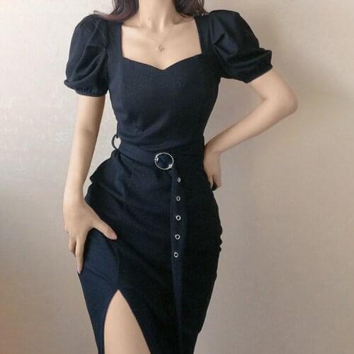 2021 Sexy Black Split Dress For Women High Waist Belted Square Collar Summer Short Sleeve Slim Long Vestidos DR019