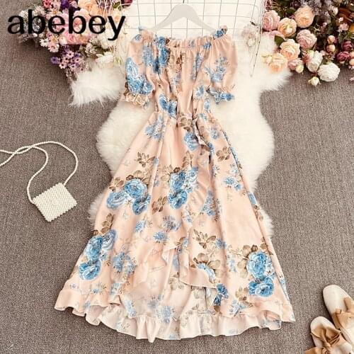 French Sweet Print Dress Women Slash Neck Puff Sleeve A-line Dresses 2021 Summer Bohemian Off Shoulder Irregular Midi Dres