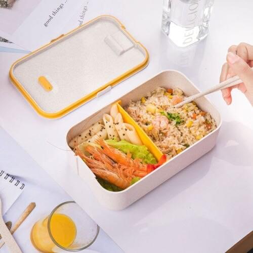 1pc 2Colors Wheat Straw Heathy Lunch Box Solid Bento Yellow Food Storage Blue Container with Chopsticks&Spoon