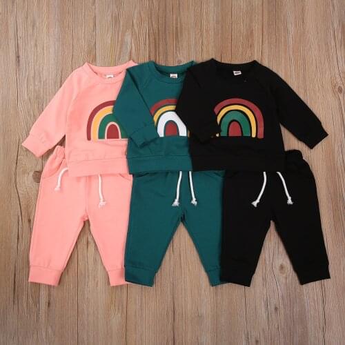 2PCS Autumn Infant Baby Girls Boys 0-3T Clothes Sets Rainbow Print Long Sleeve Pullover Sweatshirt Tops Pants
