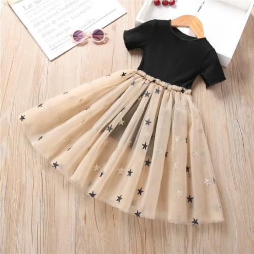 2020 Summer Girls' Dresses Short Sleeve Black Elegant Princess Girl Star Gauze Dresses Kids Clothes Set Children Clothing