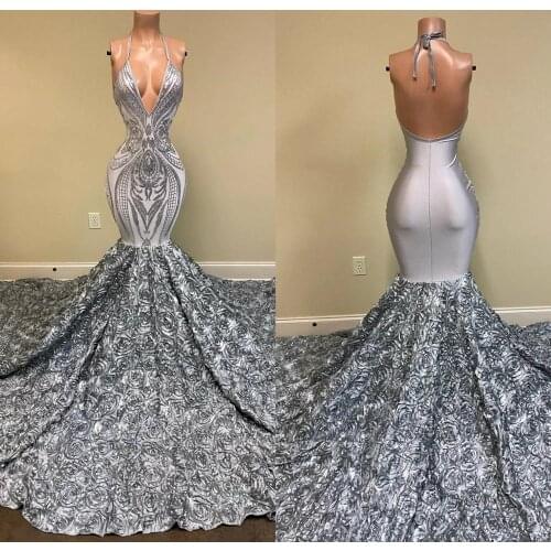 2020 Silver Evening Dresses Halter Backless Sequined Rose Ruffles Sexy Mermaid Prom Dress Custom Made Formal Party Gowns