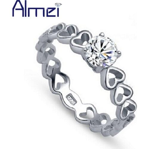 Almei Heart Love Silver Couple Rings CZ Cubic Zircon Womens Men Bridal Jewellery Wedding Pair Rings Cheap Jewelry J391