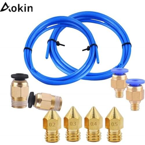 Aokin PTFE Tube ID 2mm OD 4mm + PC4-M6 PC4-M10 Pneumatic Connector + MK8 Nozzle 0.2mm 0.3mm 0.4mm 0.5mm Extruder For 3D Printer