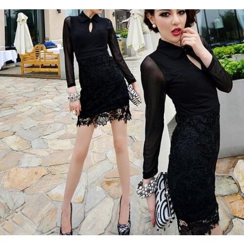 Hollow out See-through Mesh Long Sleeve Lace Dress Women Elegant OL Fashion Pencil Dress Free Shipping robe vestirv Vetements