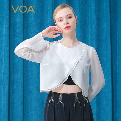 VOA Silk Georgette White One Button Round Neck Double-layer Design Curved Hem Long Sleeve Short T Shirt BE528 Women Sexy Tops