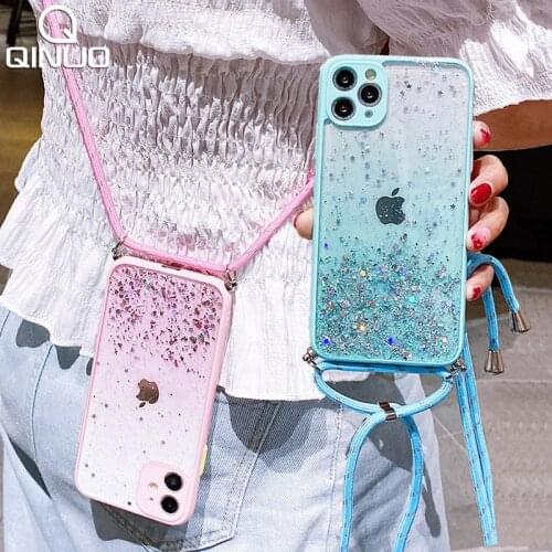 Hang Neck Strap Lanyard Glitter Clear Case For iPhone 11 Pro Max 12 Mini XS X XR 6 6S 8 7 Plus SE 2020 Sequins Candy Color Cover