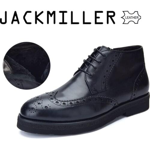 Jackmiller Genuine Leather Boots for Men Winter Warm Black Color EVA Thick Outsole Lace-Up Side Zipper Wool Lining Size 40-44