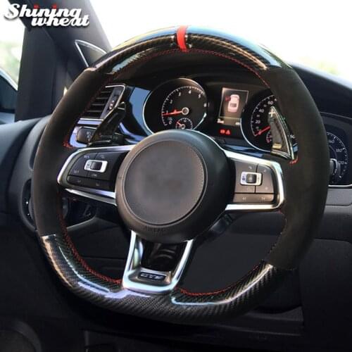 PU Carbon Fiber Hand-Stitched Steering Wheel Cover for Volkswagen VW Golf 7 GTI Polo GTI Tiguan Allspace (R-Line)